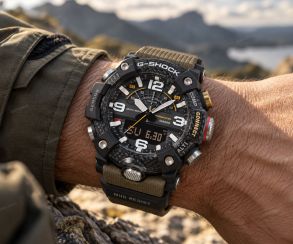 Svart Casio G-Shock Mudmaster i karbon med grønn rem og Bluetooth i 51mm 