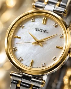 Seiko tofarget dameklokke med 8 diamanter, safirglass og perlemorskive 29mm 