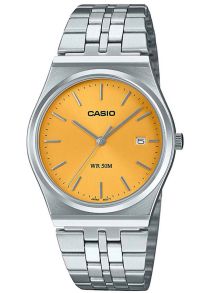 Retro gul Casio stålklokke med vintage stil og minimalistisk datovisning | MTP-B145D-9AVEF