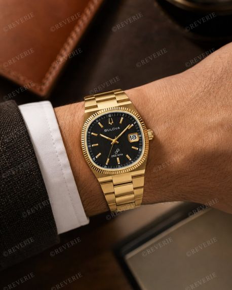 Bulova gullfarget vintage herreklokke med svart urskive 38mm