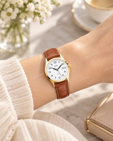 Gyllen Inex dameklokke med hvit urskive og brun skinnrem i 30mm
