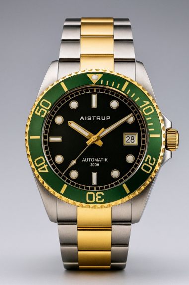 Prestisjefylt automatisk dykkerklokke med sort urskive, grønn bezel og bi-color rem i elegant stål og gull design | AIW8304