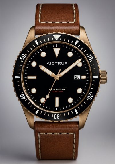 Vintage-inspirert herreur i messing med sort urskive, lærrem og 100 meters vanntetthet i maritimt design | AIW8501
