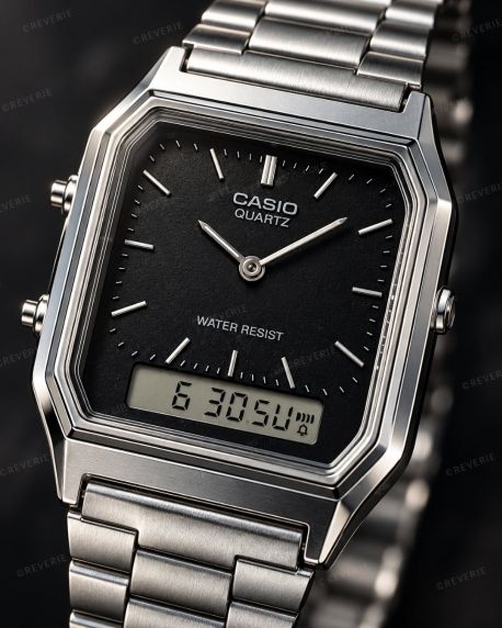Rektangulær Casio klokke i stål med svart urskive og dual display i 30mm