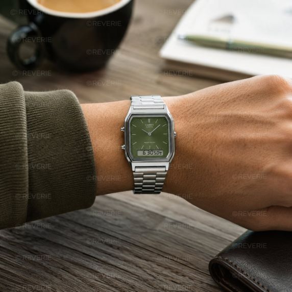 Casio vintage analog-digital klokke med grønn urskive 30mm