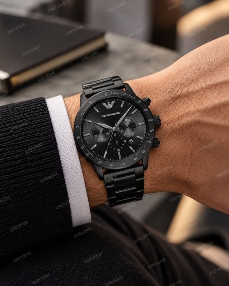 Helsvart Emporio Armani Mario herreklokke i stål med kronograf i 43mm