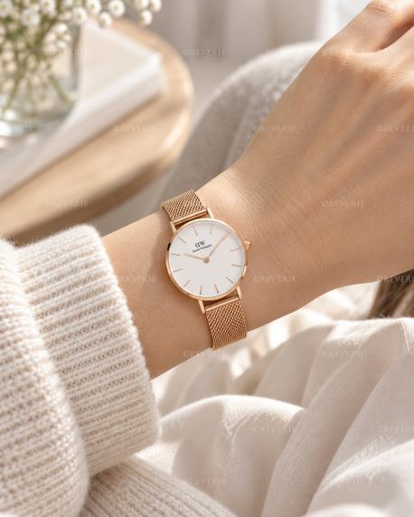 Roségullfarget Daniel Wellington dameklokke med hvit urskive og meshlenke i 28mm