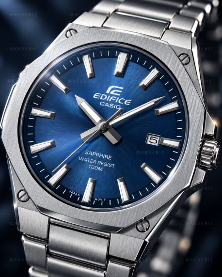 Casio herreklokke i stål med blå urskive og safirglass i 40mm