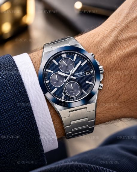 Casio herreklokke i stål med blå urskive, solenergi og keramisk bezel i 41mm