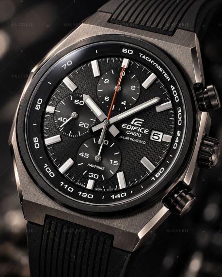 Casio herreklokke i gunmetal med svart urskive, solenergi, kronograf og safirglass i 38mm
