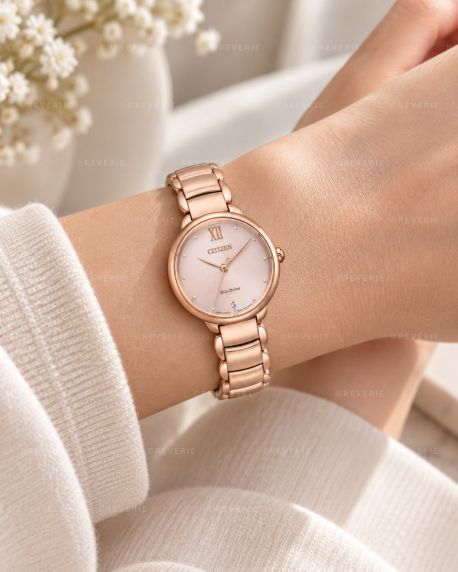 Roségullfarget Citizen dameklokke med solenergi, safirglass og diamant i 28mm