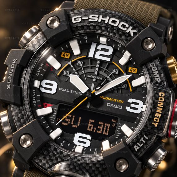 Svart Casio G-Shock Mudmaster i karbon med grønn rem og Bluetooth i 51mm