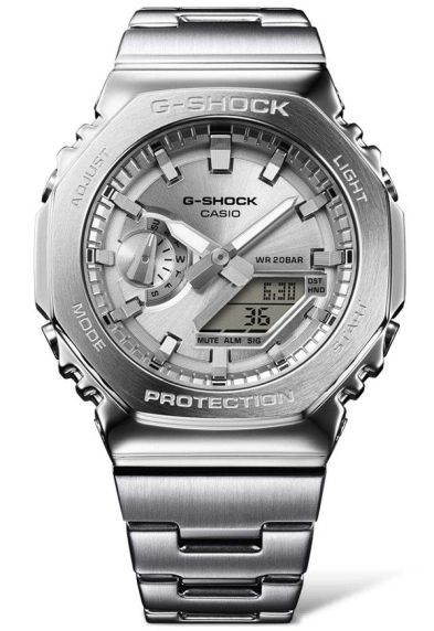 Sølvfarget metall G-SHOCK med slank profil og digital-analog tidsmåler | GM-2110D-7AER