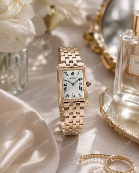 Seiko roségullfarget rektangulær dameklokke med romertall 22mm