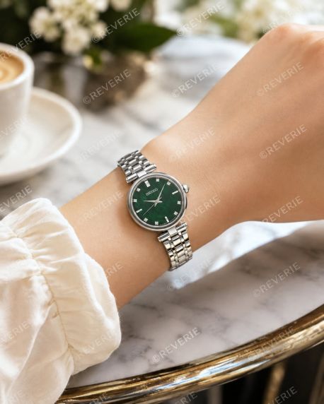 Seiko dameklokke med 8 diamanter, safirglass og grønn perlemorskive 29mm