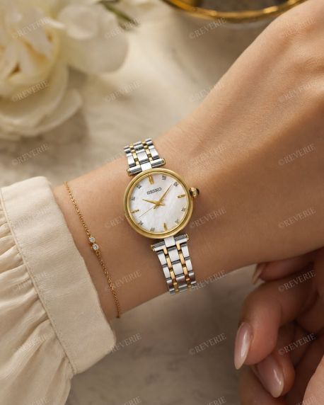 Seiko tofarget dameklokke med 8 diamanter, safirglass og perlemorskive 29mm