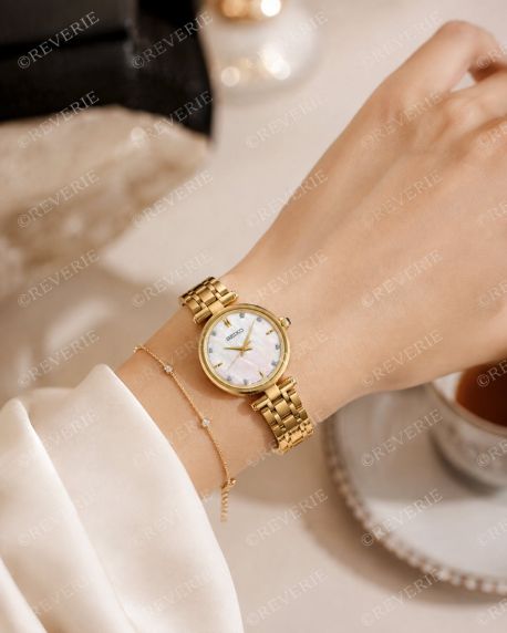 Seiko gullfarget dameklokke med 8 diamanter, safirglass og perlemorskive 29mm