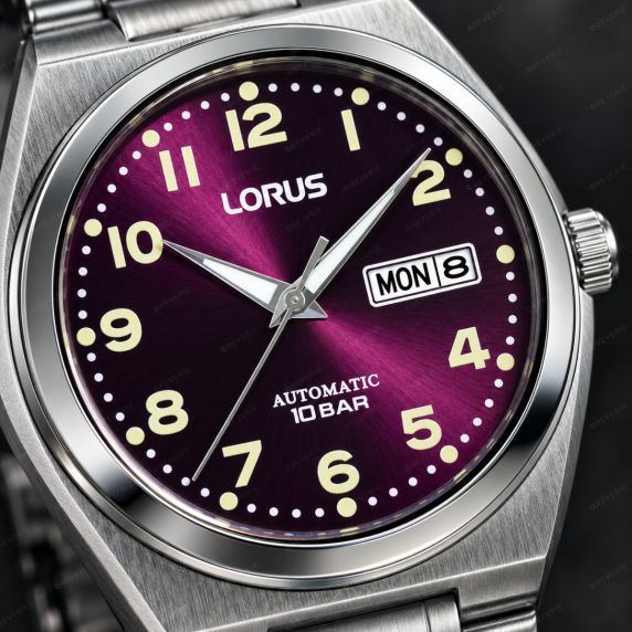 Lorus automatisk herreklokke i stål med lilla sunray urskive og dag/dato 41mm
