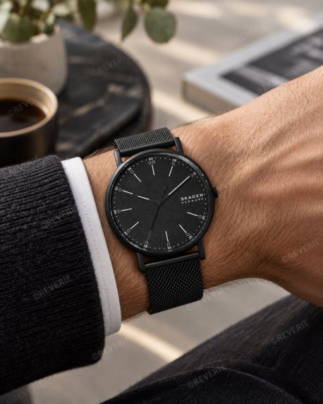 Helsvart Skagen Signatur herreklokke i stål med meshlenke i 40mm