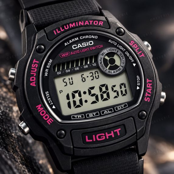 Svart Casio Illuminator digitalklokke med rosa detaljer og automatisk lys i 37mm