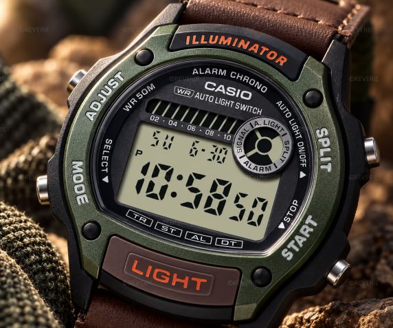 Casio digitalklokke med grønne detaljer og brun skinn- og stoffrem i 37mm