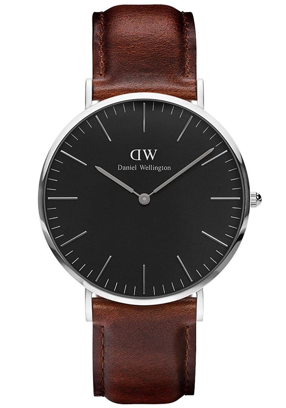 Daniel Wellington Classic Black St Mawes - Herreklokke i sølv med brun lærreim -  Kvarts - Sølv - Herreklokker - Skinn - Mineral