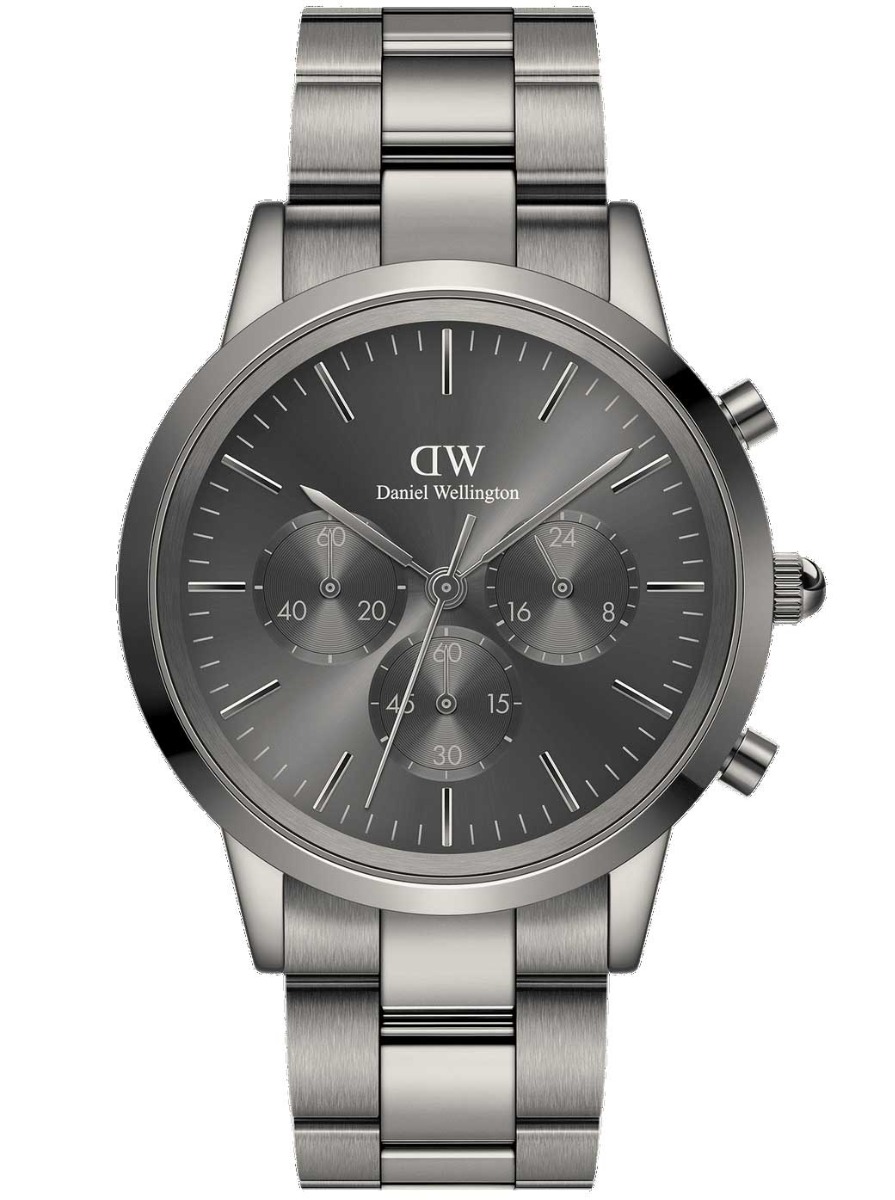 Daniel Wellington Iconic Onyx Chronograph 42mm Link DW00100643 -  Kvarts - Grå - Herreklokker - Rustfritt stål - ledd m/pin - Mineral