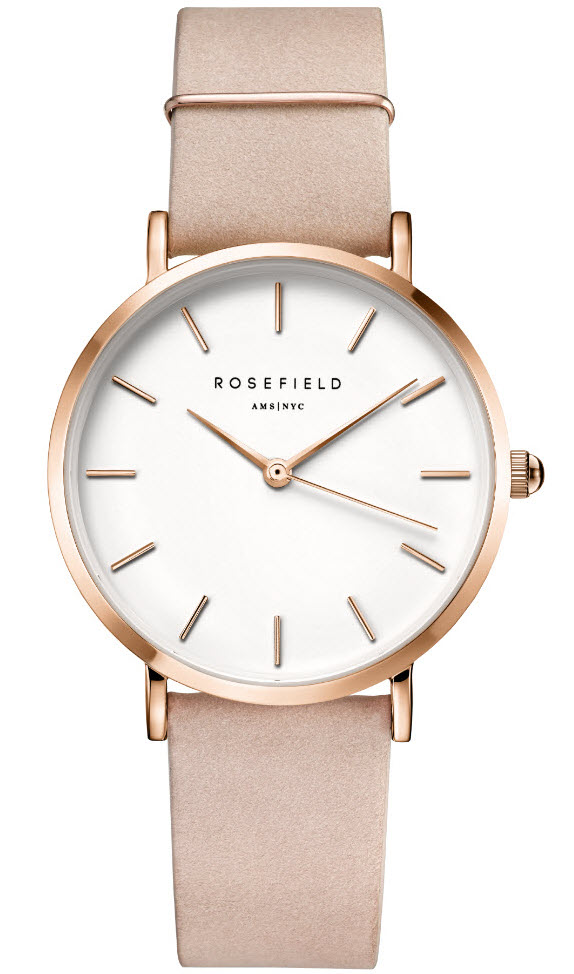 Rosefield The West Village dameklokke i roséfarget stål med rosa skinnrem