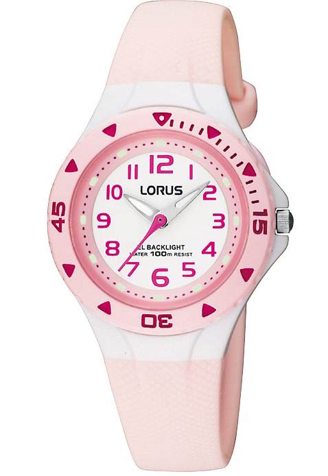 Lorus Sport, Barneklokke med stålkasse og rosa silikonrem