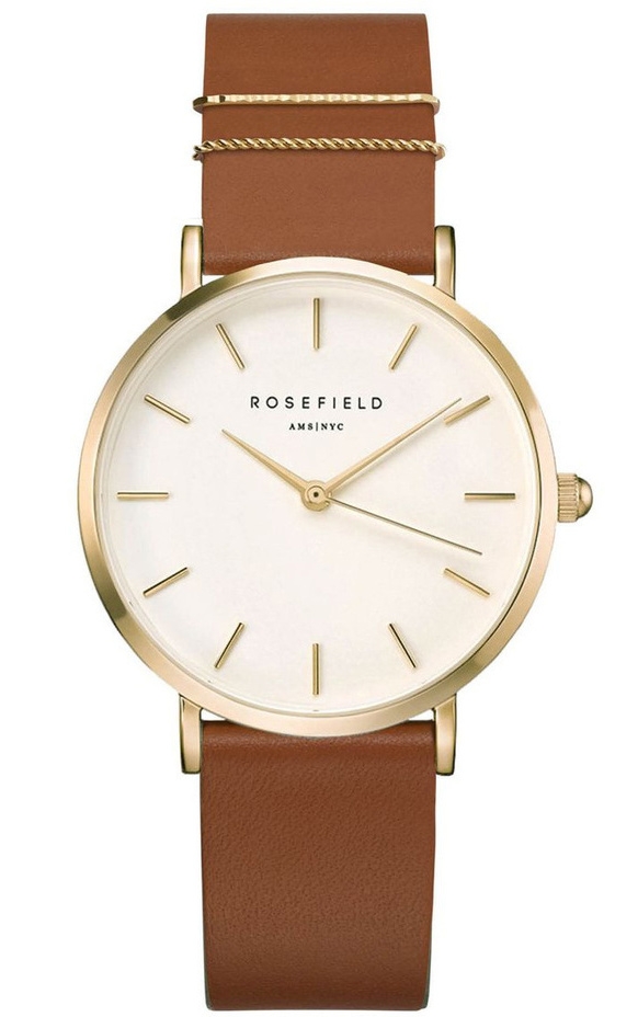 Rosefield, The West Village dameklokke i gullfarget stål med brun skinnrem