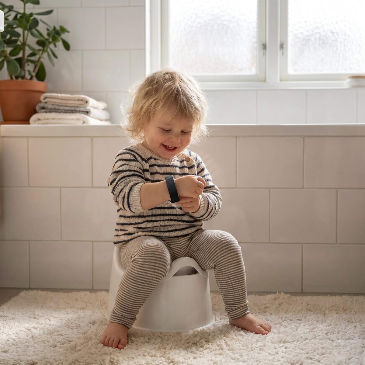 Glad liten gutt sitter på potten og ser på Fibex-klokken sin
